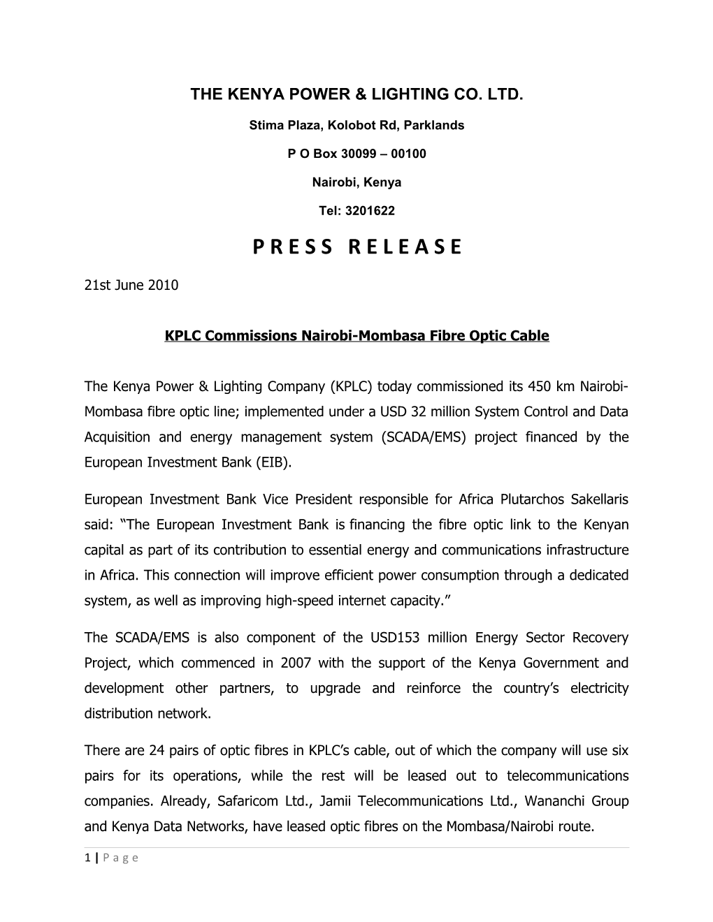 KPLC Commissions Nairobi-Mombasa Fibre Optic Cable