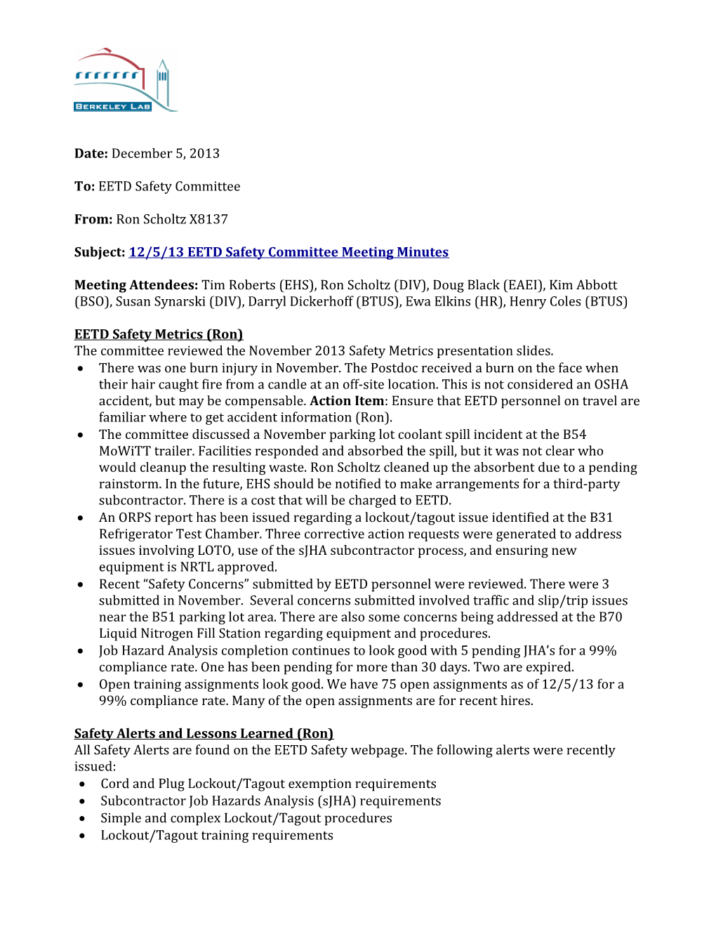 Subject: 12/5/13 EETD Safety Committee Meeting Minutes