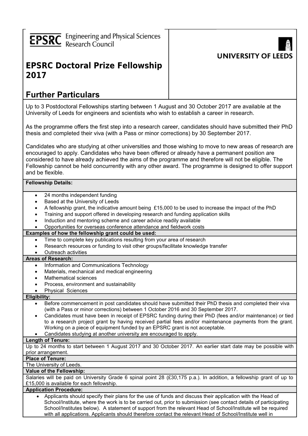EPSRC Doctoral Prize Fellowship Further Particulars