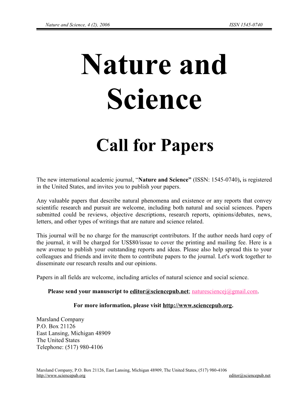 Nature and Science Call for Papers
