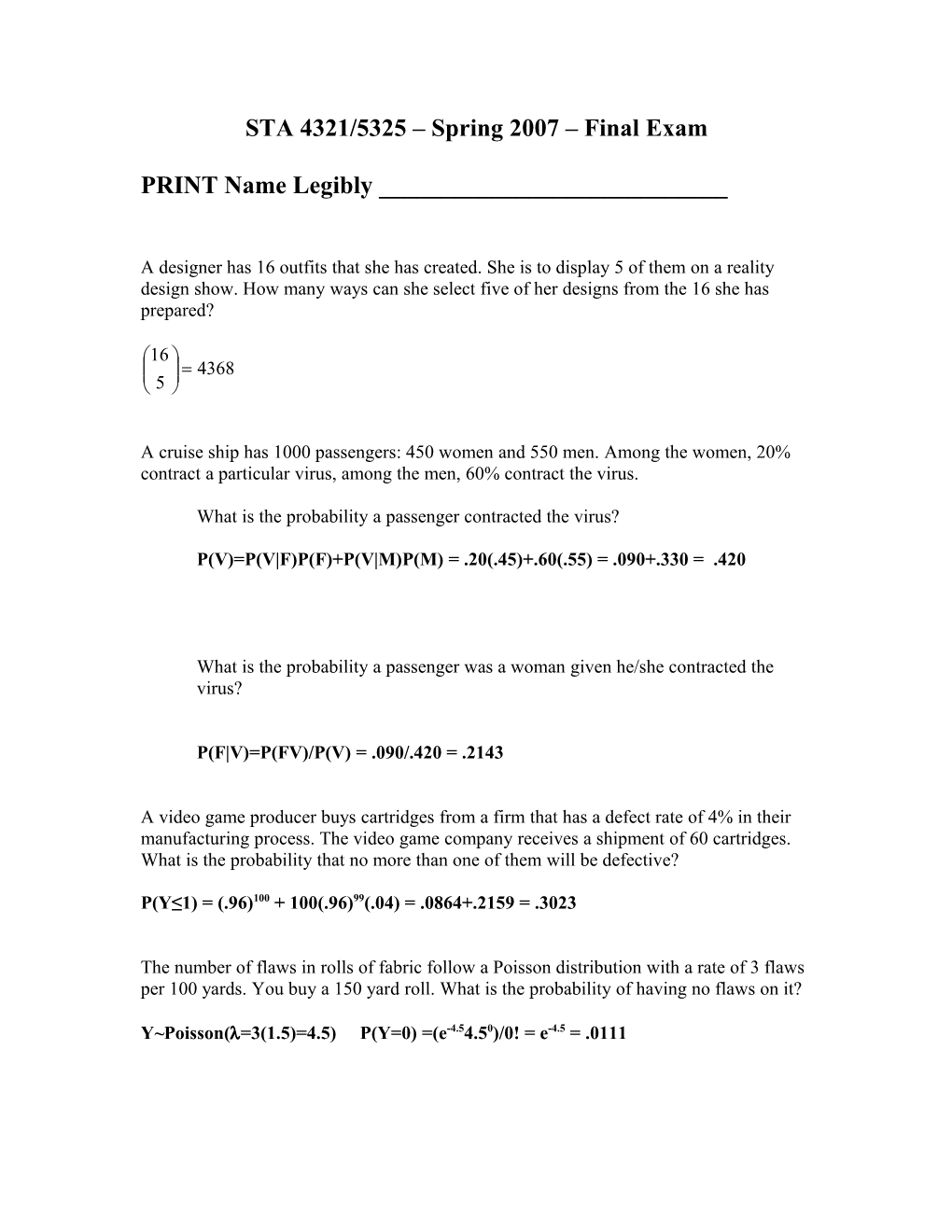 STA 4321/5325 Spring 2007 Final Exam