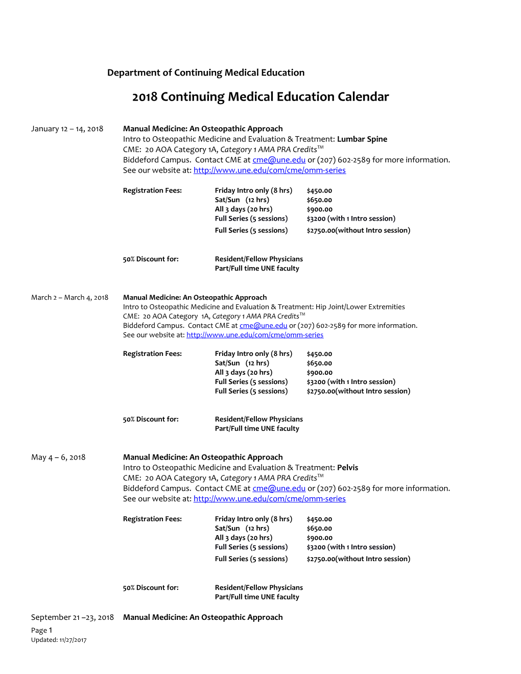 2018 Continuing Medical Education Calendar