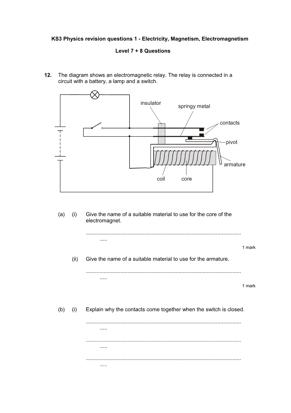 KS3 Physics Revision Questions 1 - Electricity, Magnetism, Electromagnetism