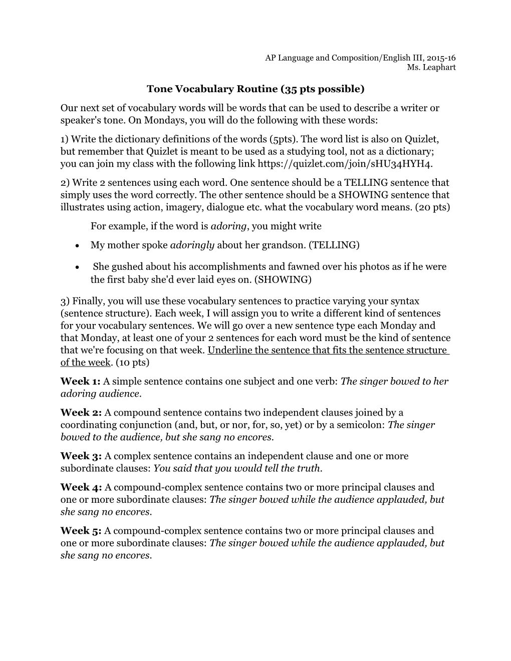 Tone Vocabulary Routine (35 Pts Possible)