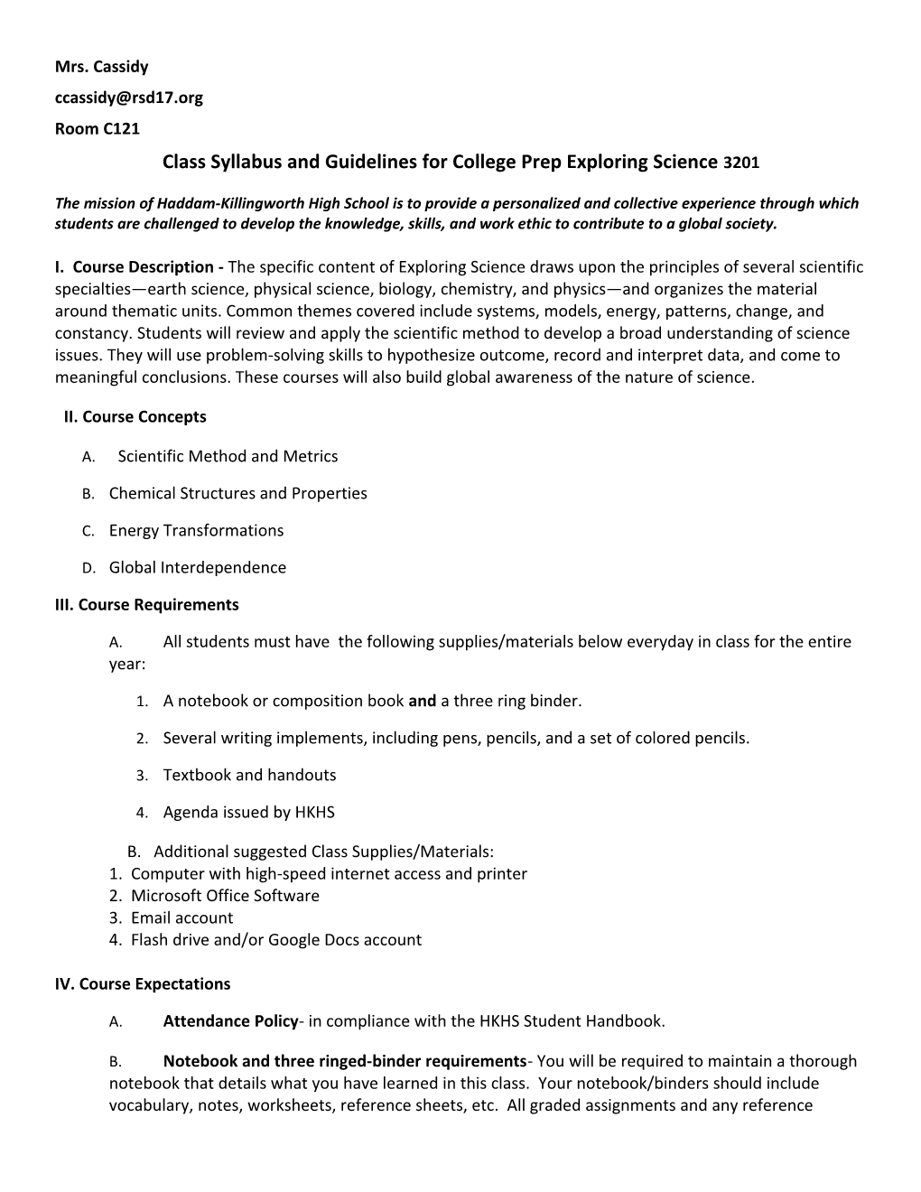 Class Syllabus and Guidelines for College Prep Exploring Science 3201