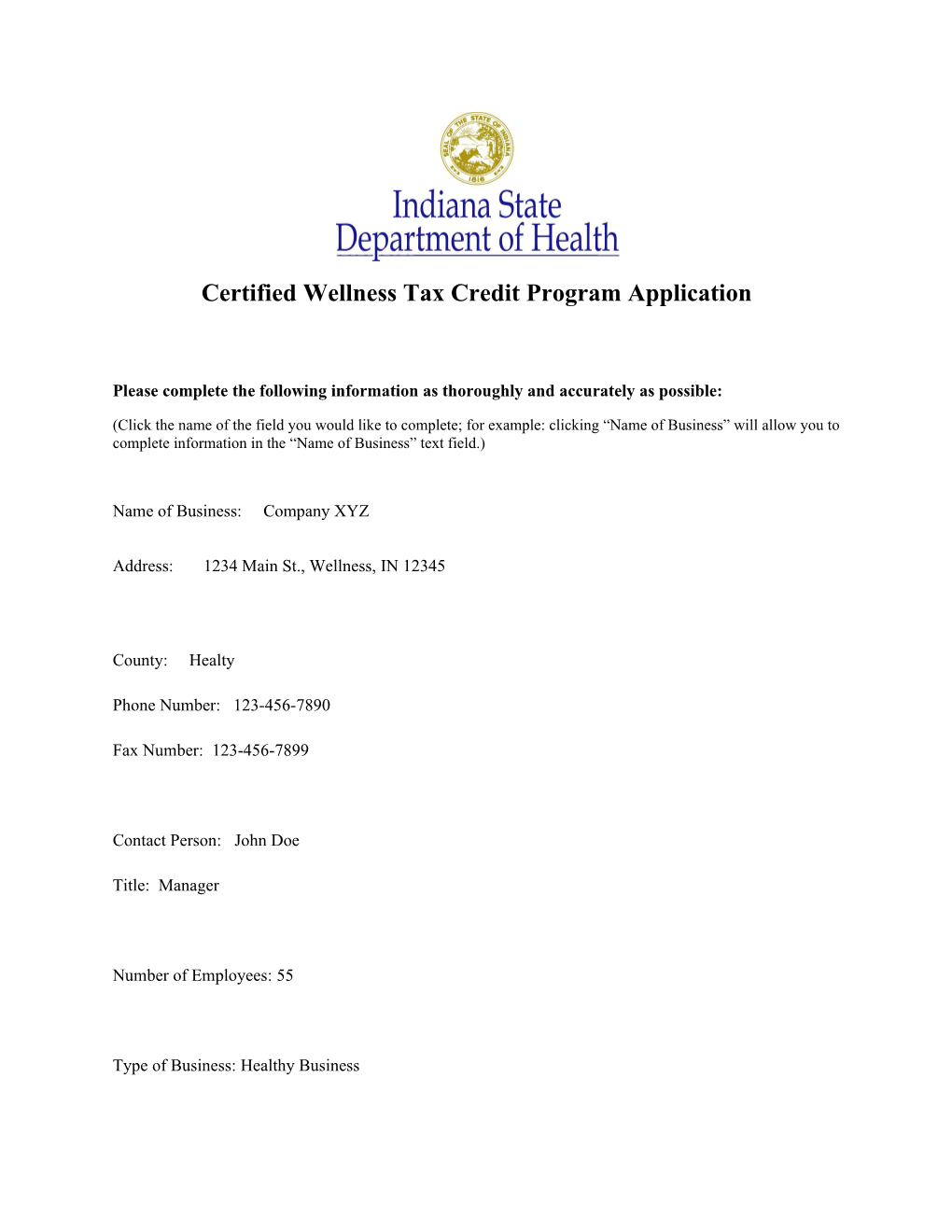 Certified Wellness Tax Credit Program Application