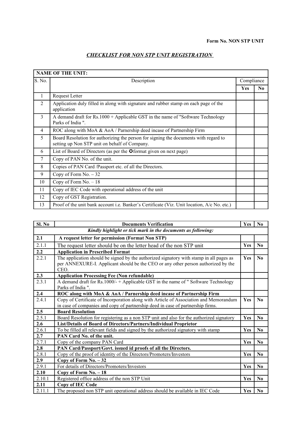 Checklist for Registration of Non STP Member