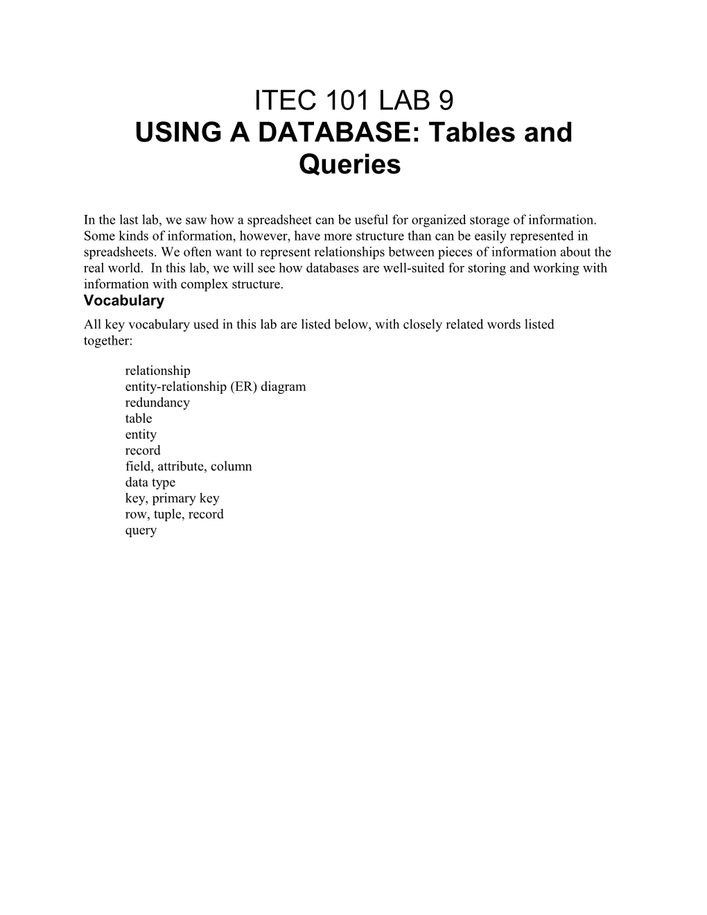 ITEC 101 LAB 9 USING a DATABASE: Tables and Queries