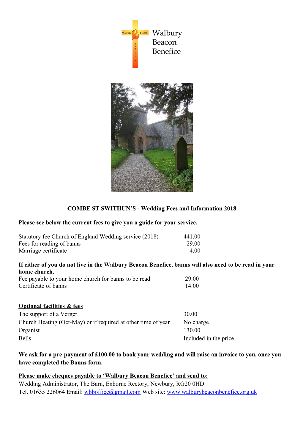 COMBE ST SWITHUN S - Wedding Fees and Information 2018