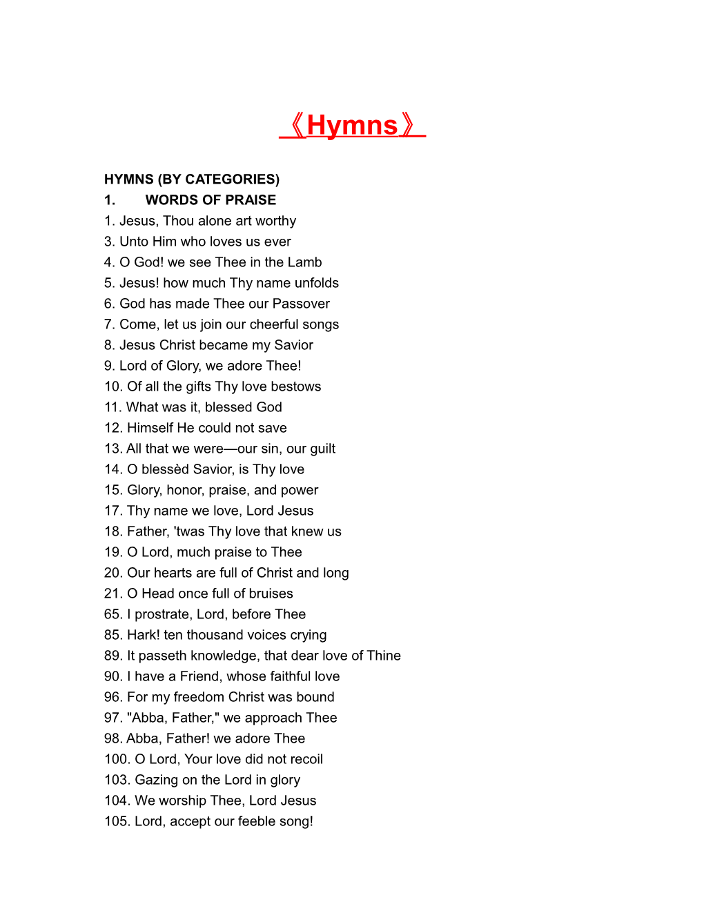 Hymns (By Categories)