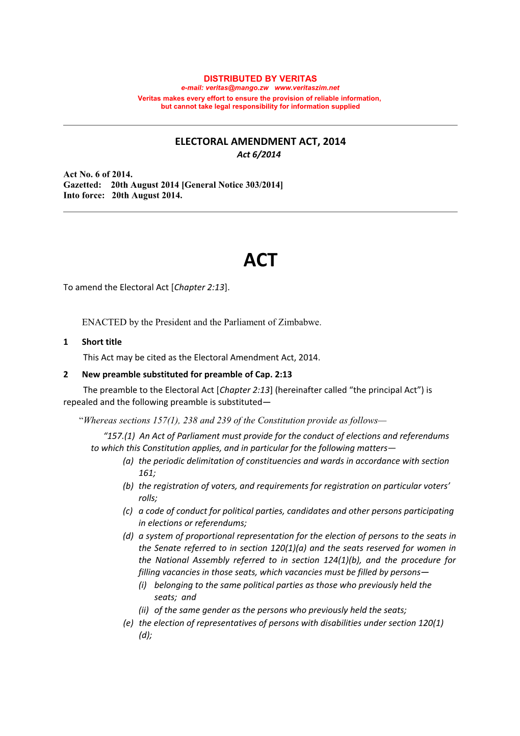 Electoral Amendment Act, 2014Act 6/2014