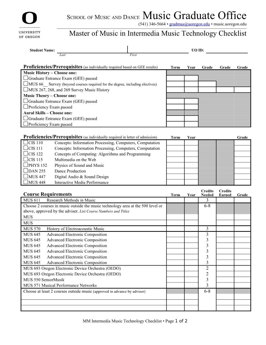 Master of Music in Intermedia Music Technology Checklist