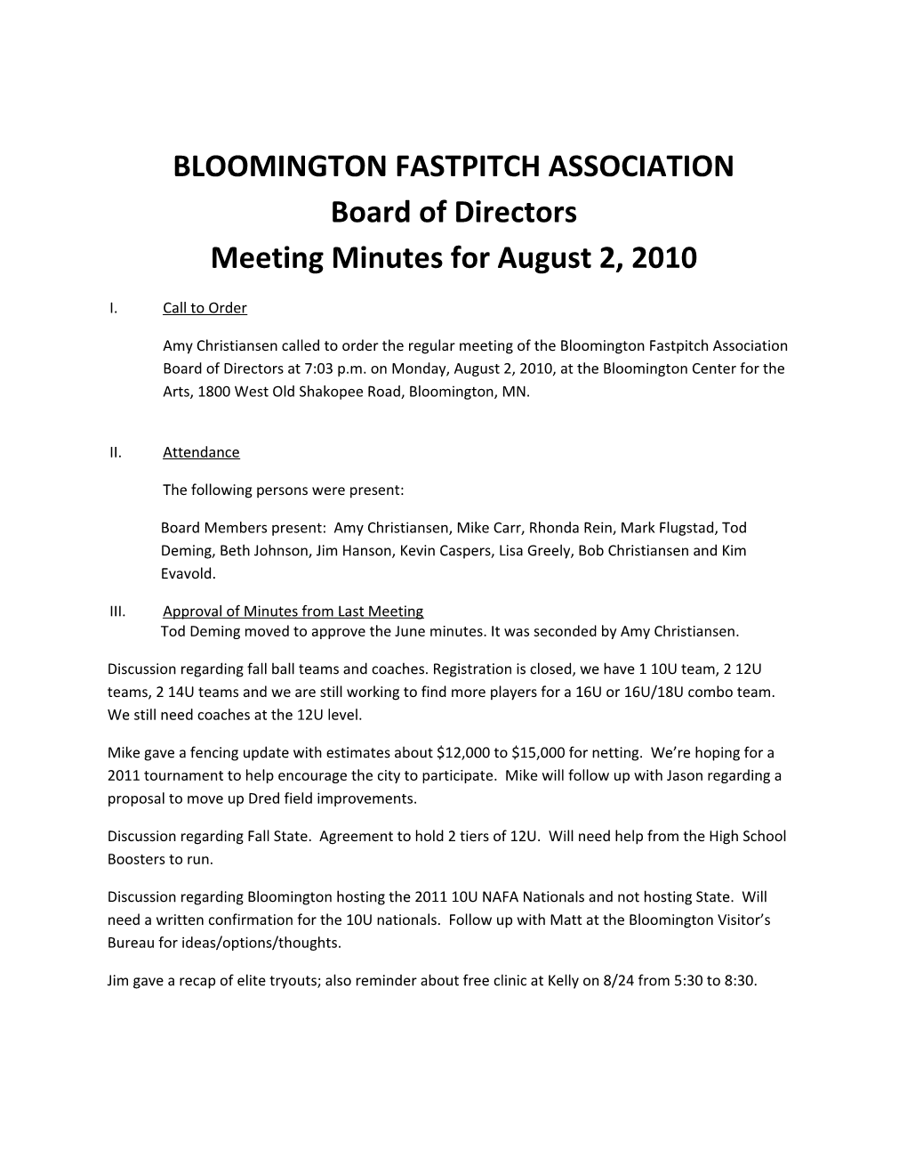 Notes from 8/2/2010 BFA Board Meeting