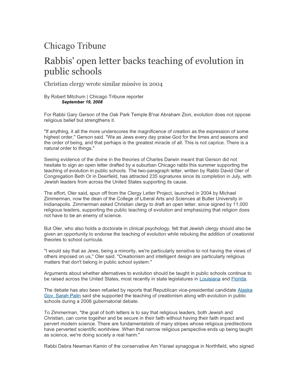 Rabbis' Open Letter Backs Teaching of Evolution in Public Schools