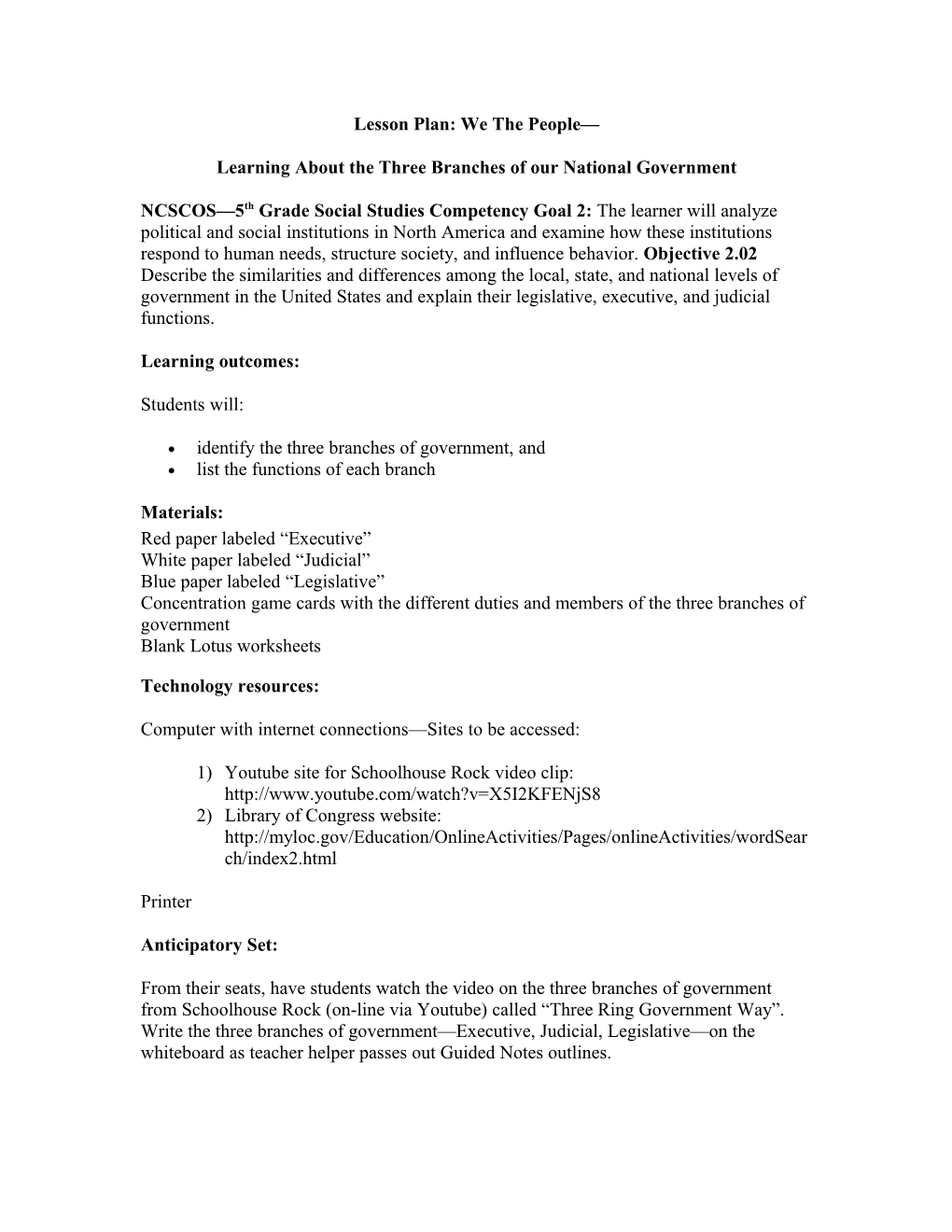 EDU 320 ACTUAL Branches Of Government Lesson Plan