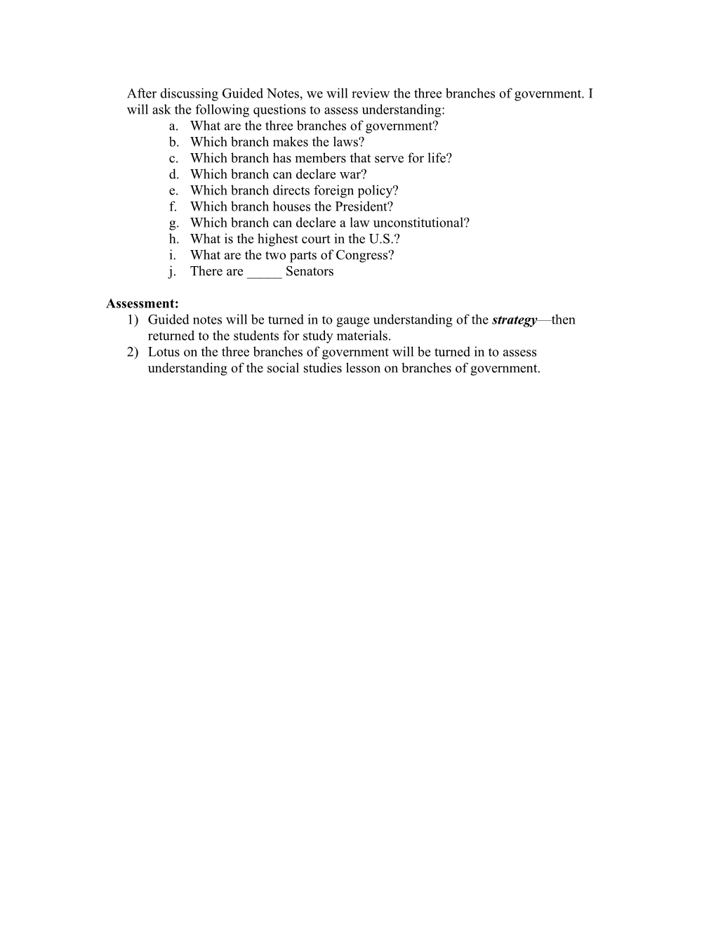EDU 320 ACTUAL Branches Of Government Lesson Plan