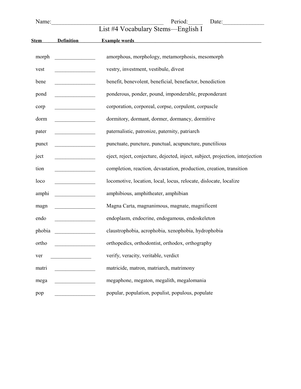 Week 2 Word Stems English I s2