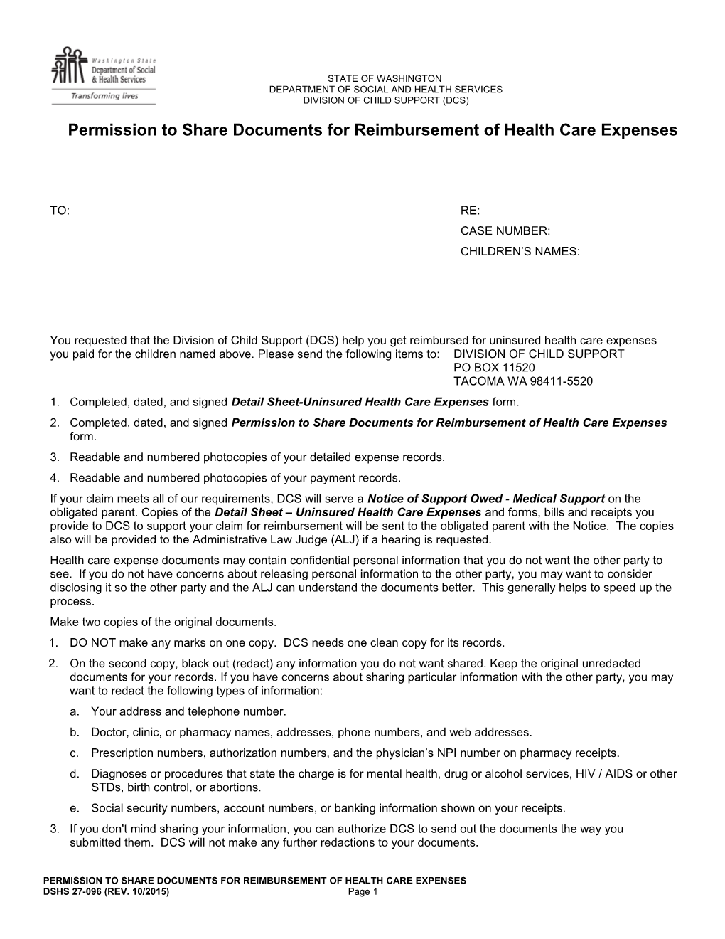 Permission to Share Documents for Reimbursement of Health Care Expenses