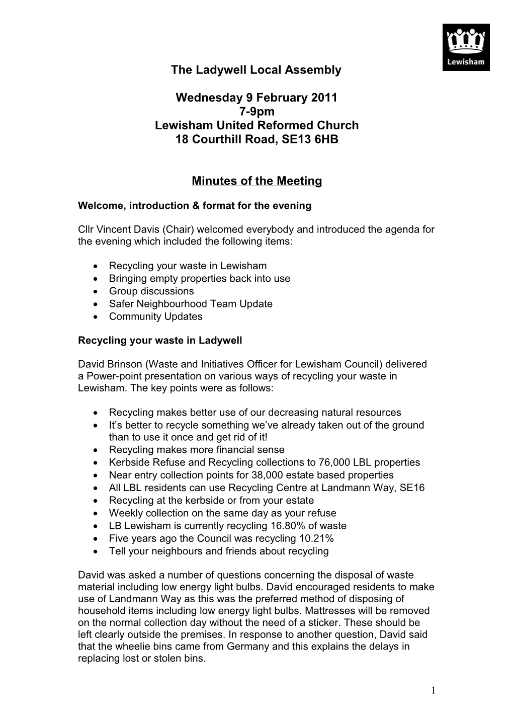 Ladywell Assembly Meeting 09 February 2011