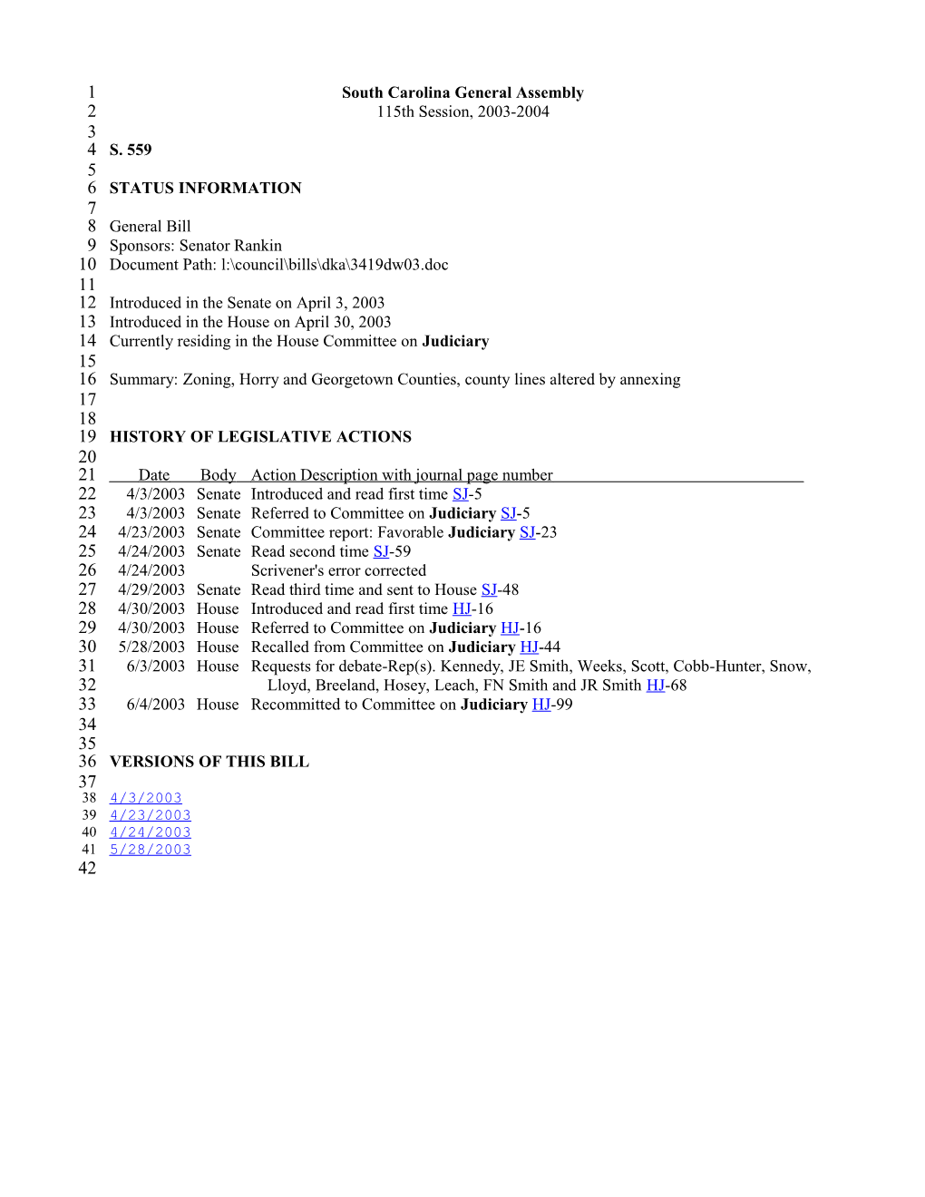 2003-2004 Bill 559: Zoning, Horry and Georgetown Counties, County Lines Altered by Annexing