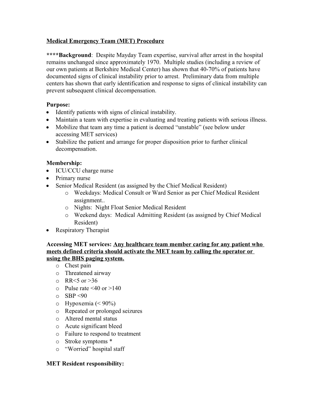 Medical Emergency Team (MET) Procedure