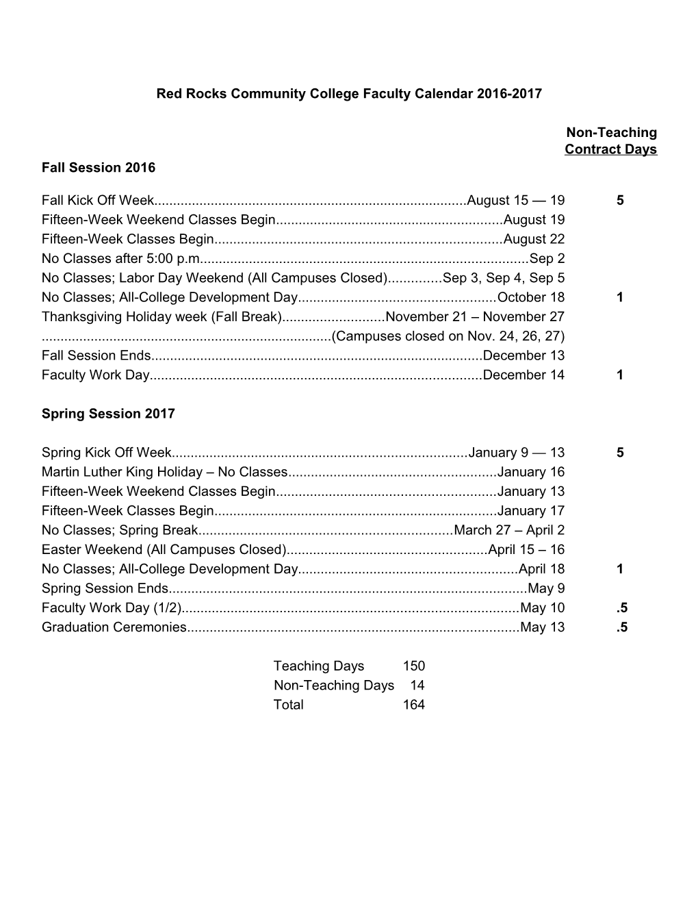 Red Rocks Community College Faculty Calendar 2016-2017