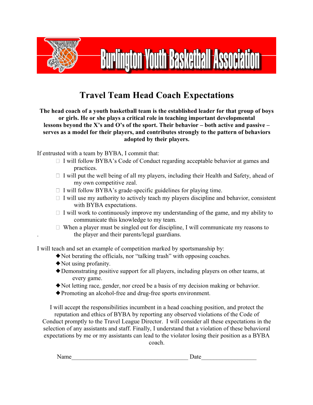 Travel Team Head Coach Expectations