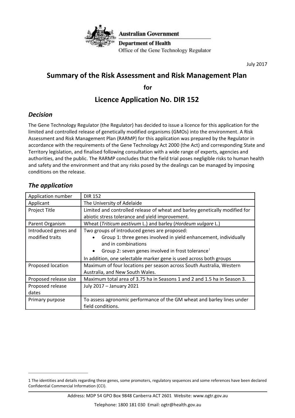 DIR 152 - Summary of Risk Assessment and Risk Managemetn Plan