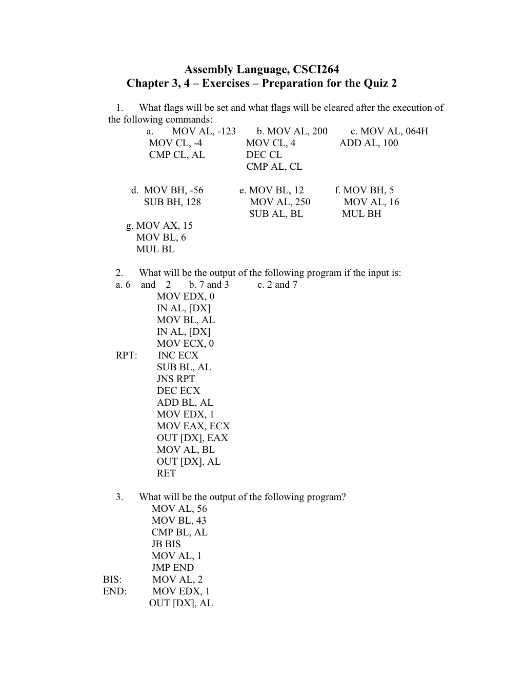 Chapter 3, 4 Exercises Preparation for the Quiz 2