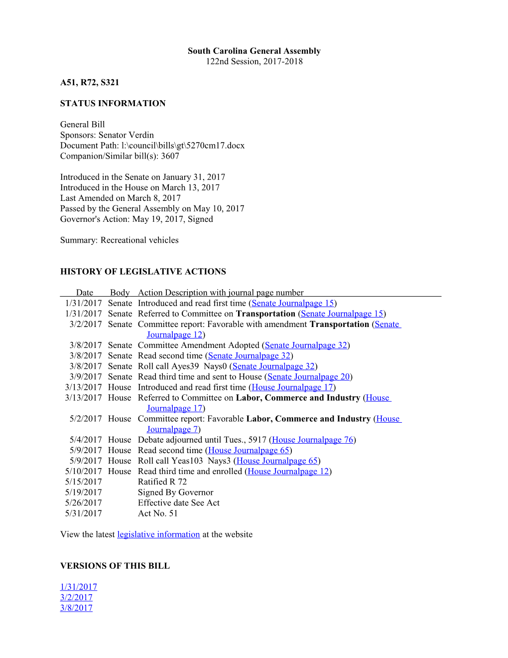 2017-2018 Bill 321: Recreational Vehicles - South Carolina Legislature Online