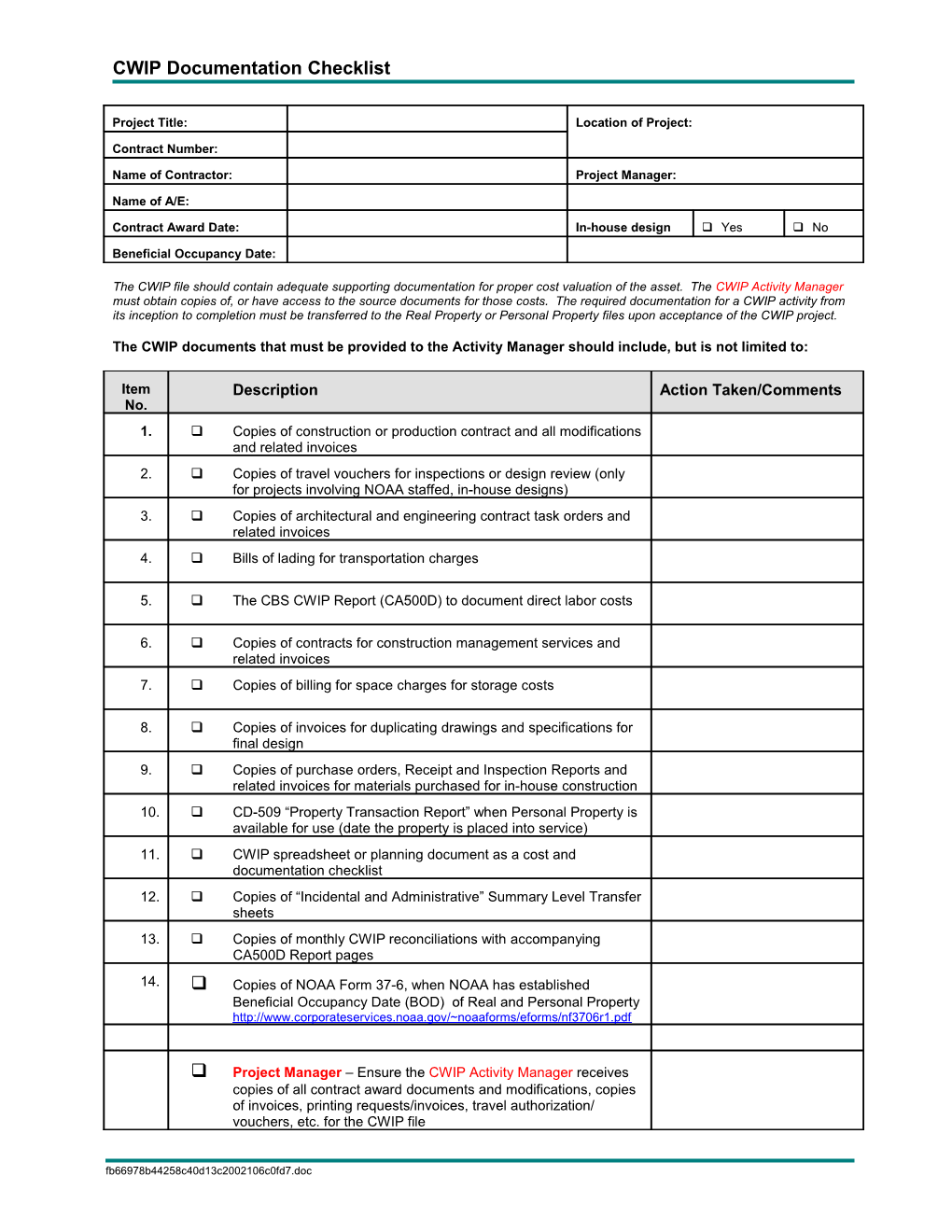 CWIP Documentation Checklist