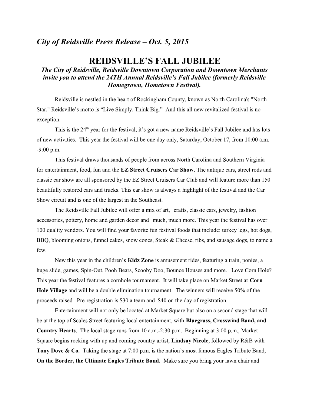 City of Reidsville Press Release Oct. 5, 2015