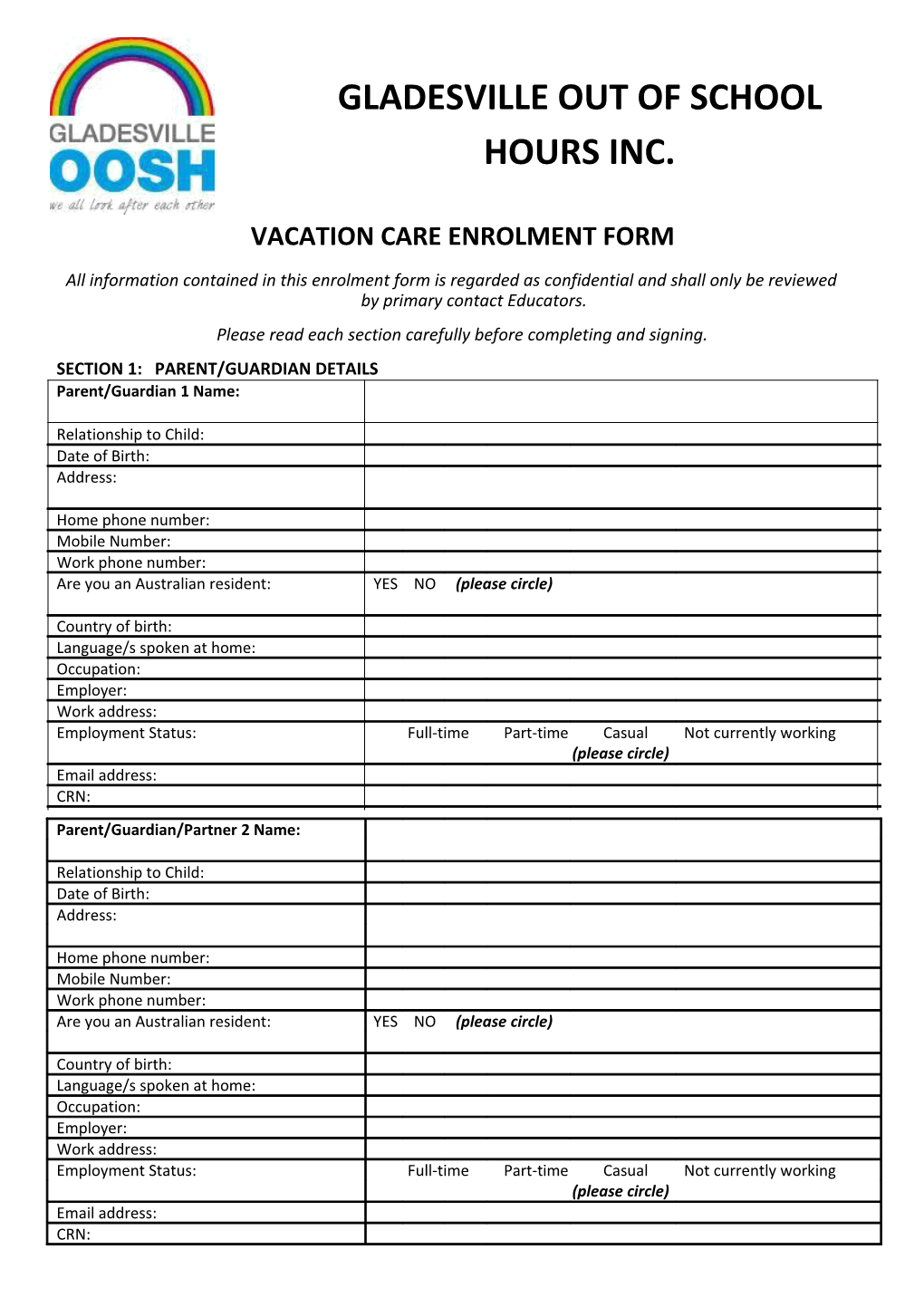 Vacation Care Enrolment Form
