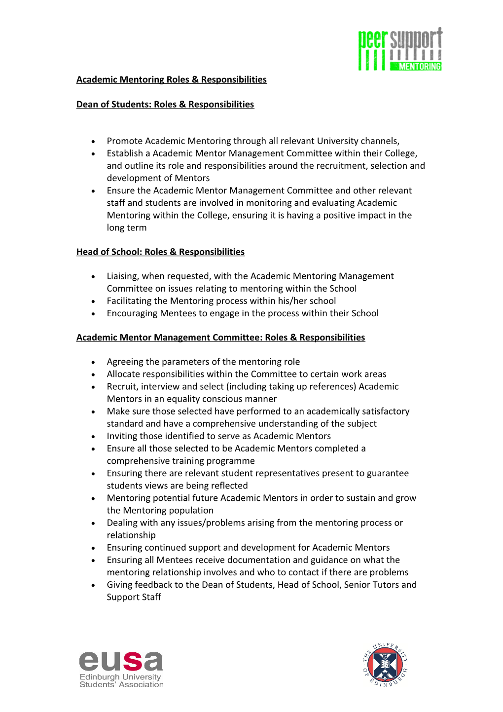 Academic Mentoring Roles & Responsibilities