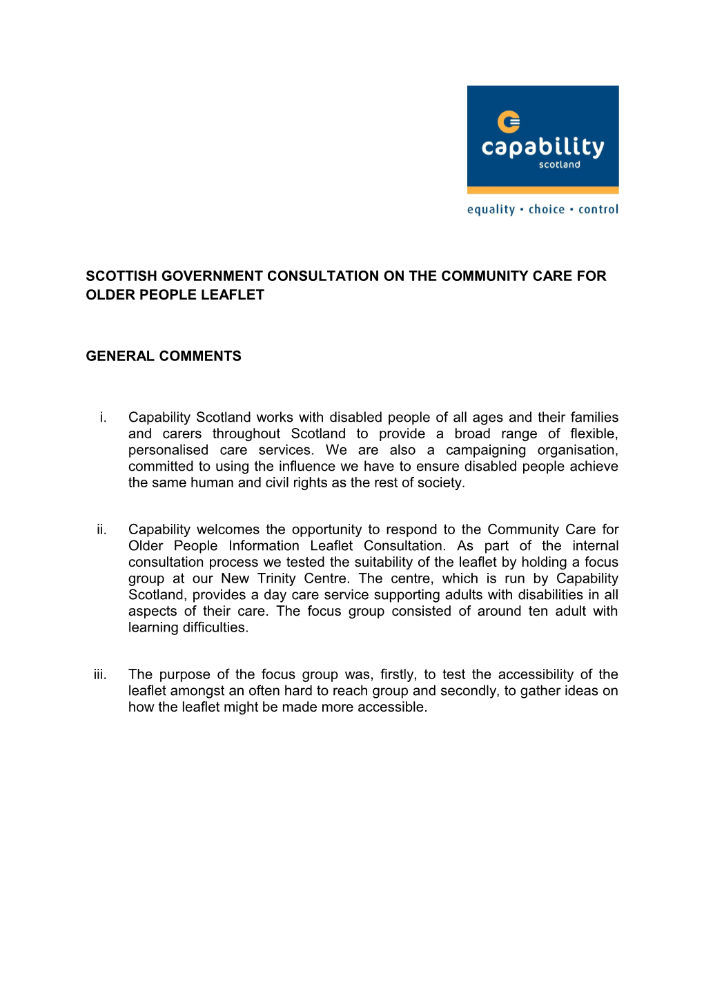 Scottish Government Consultation on the Community Care for Older People Leaflet