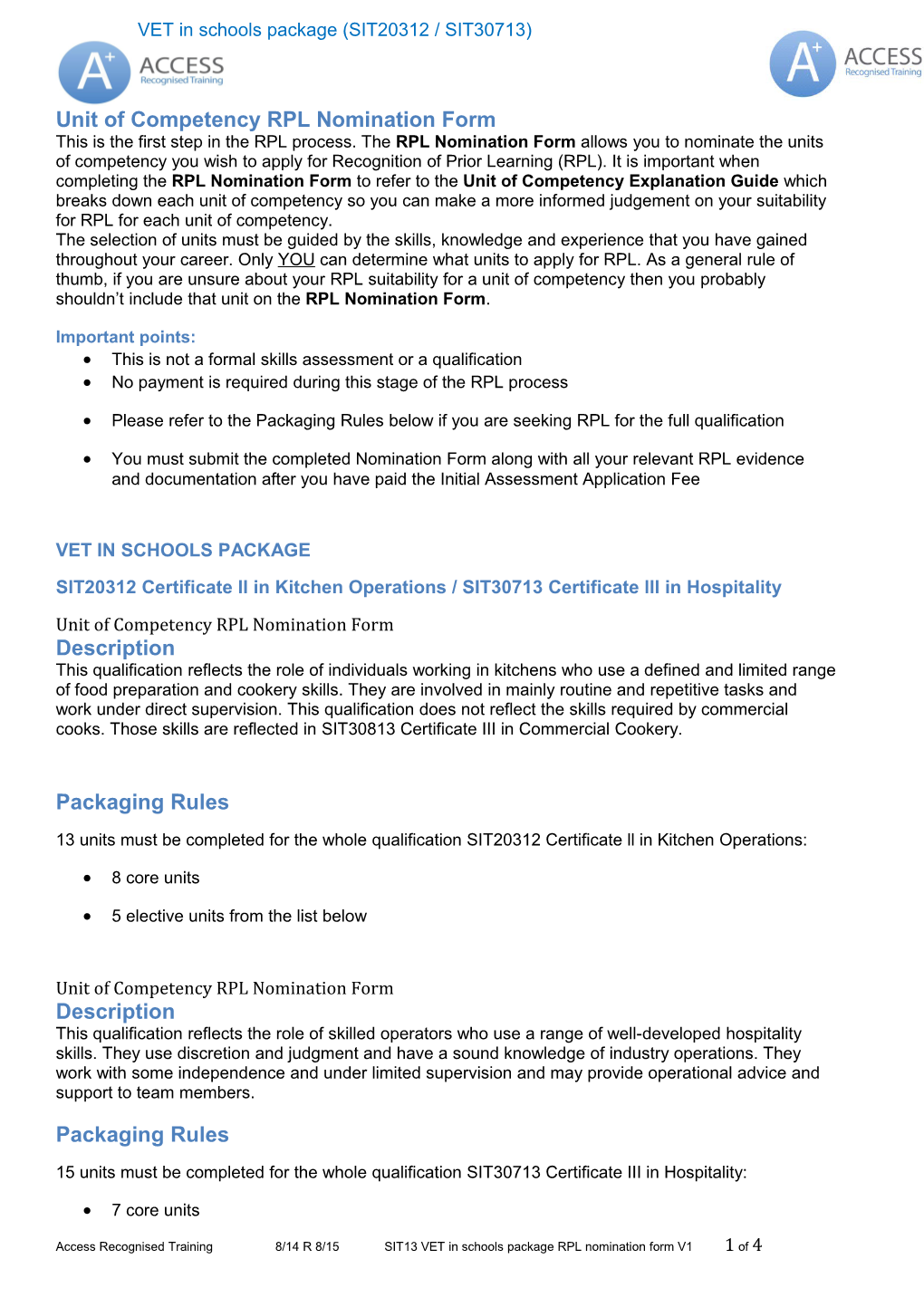 Unit of Competency RPL Nomination Form