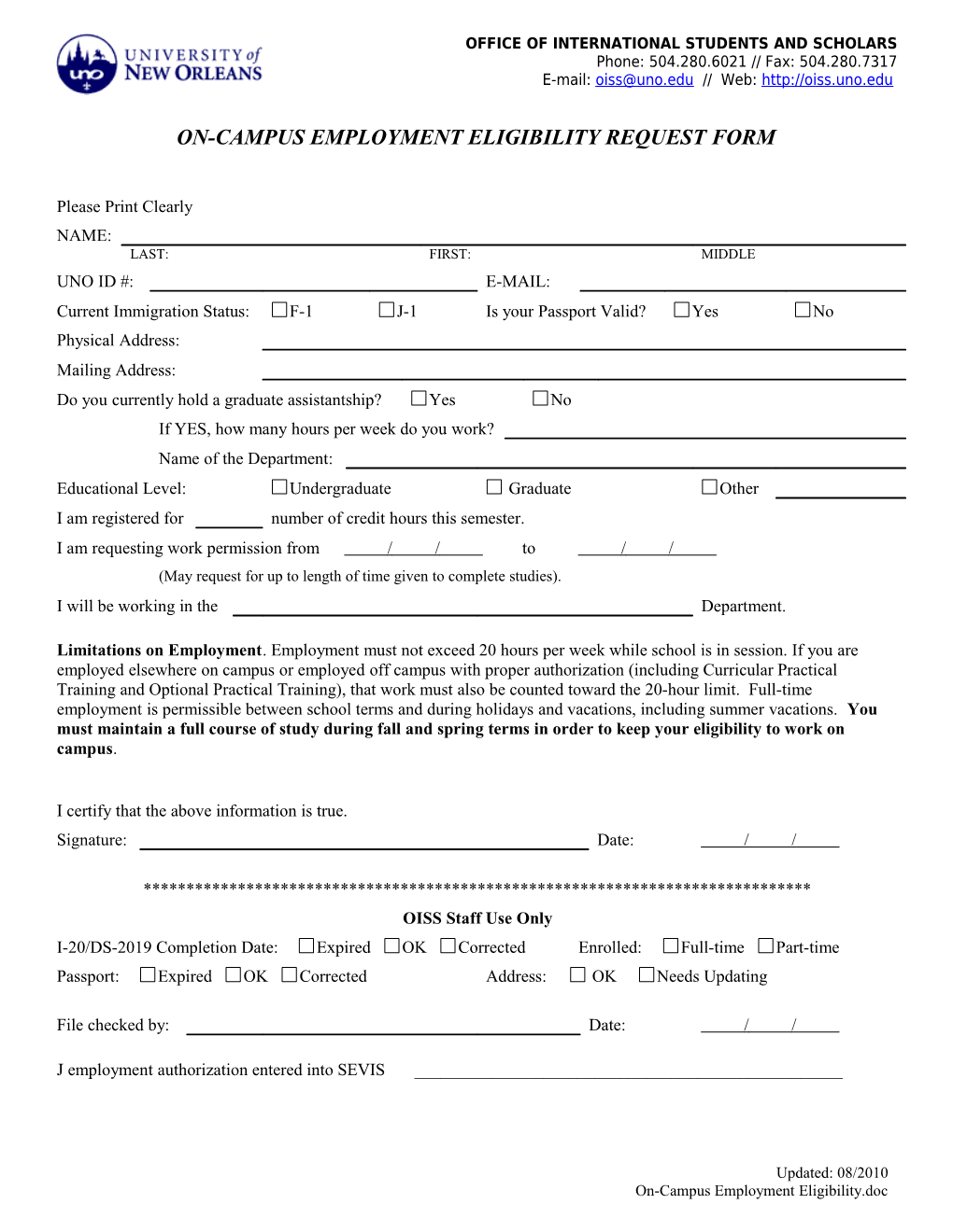 On-Campus Employment Eligibility Request Form