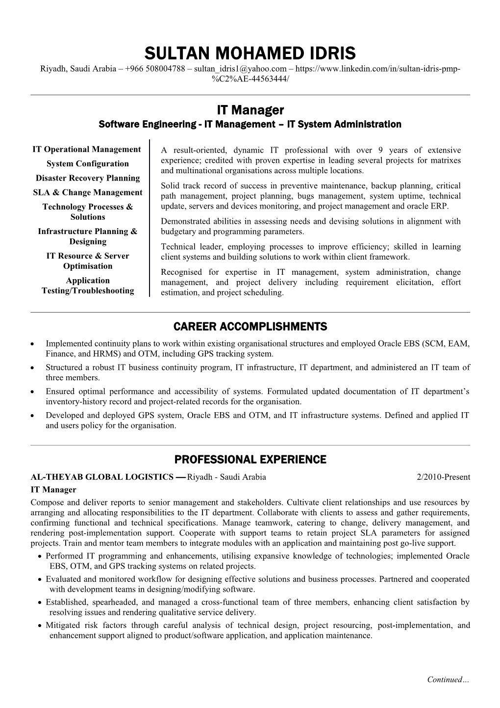 SULTAN IDRIS's Standard Resume