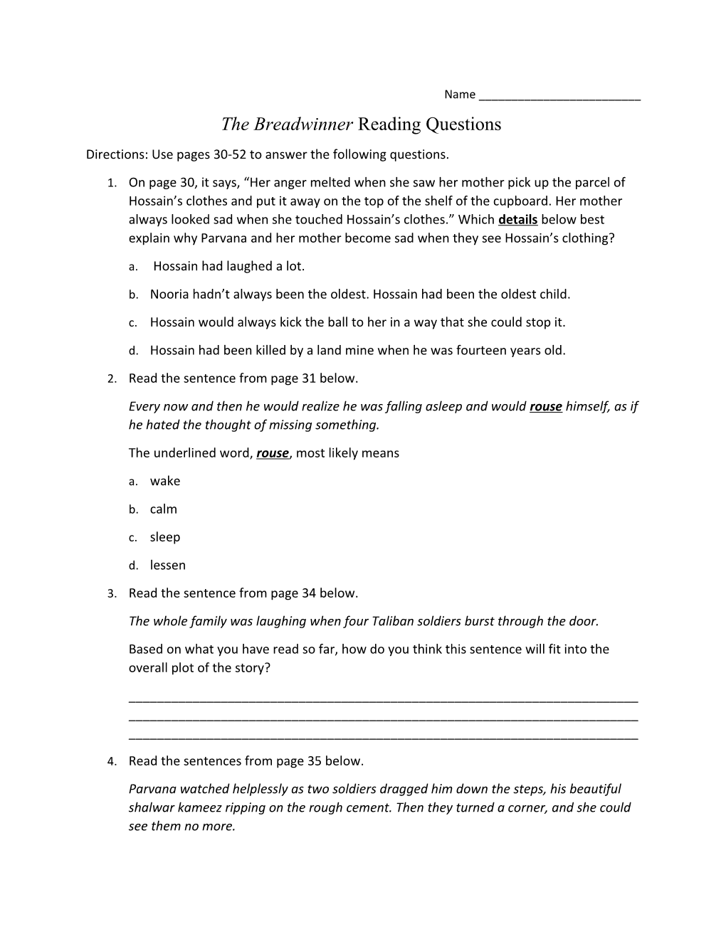 The Breadwinner Reading Questions