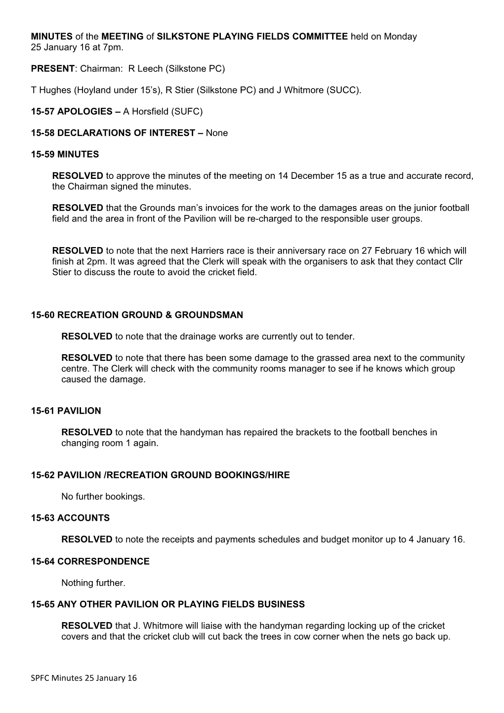 MINUTES of the MEETING of SILKSTONE PLAYING FIELDS COMMITTEE Held on Monday 20 September