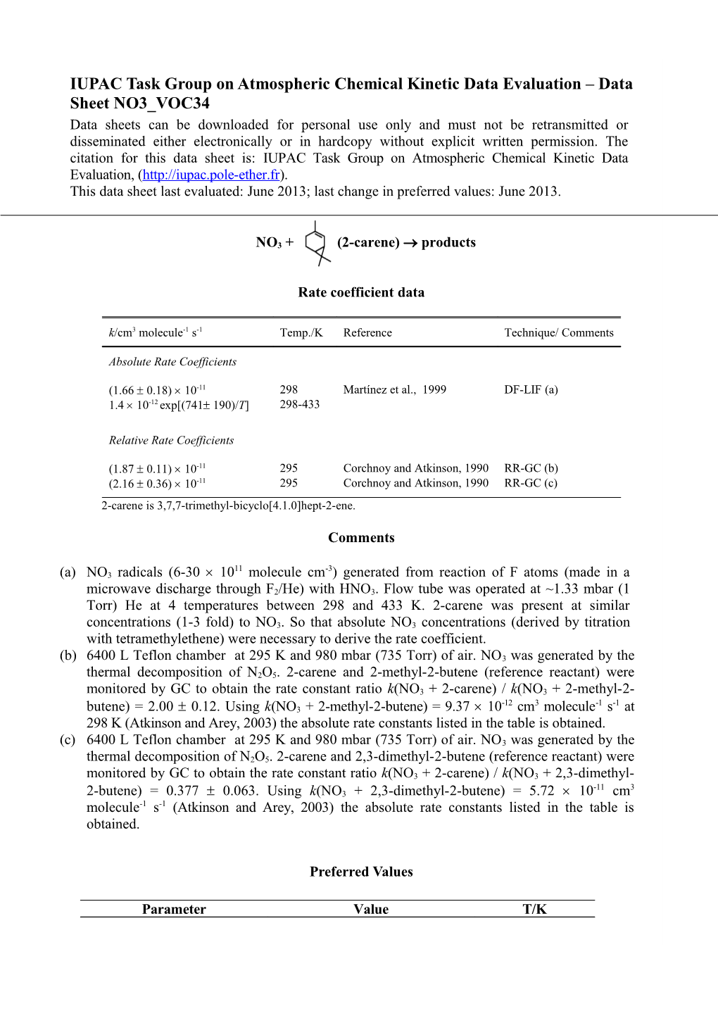 IUPAC Task Group on Atmospheric Chemical Kinetic Data Evaluation Data Sheet NO3 VOC34