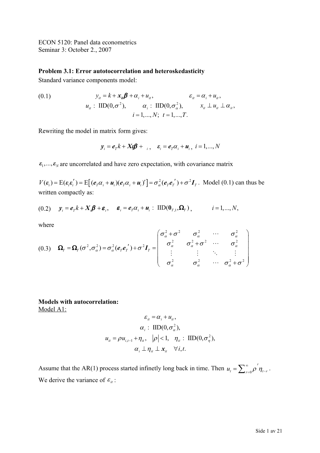 Problem 3.1: Error Autotocorrelation and Heteroskedasticity