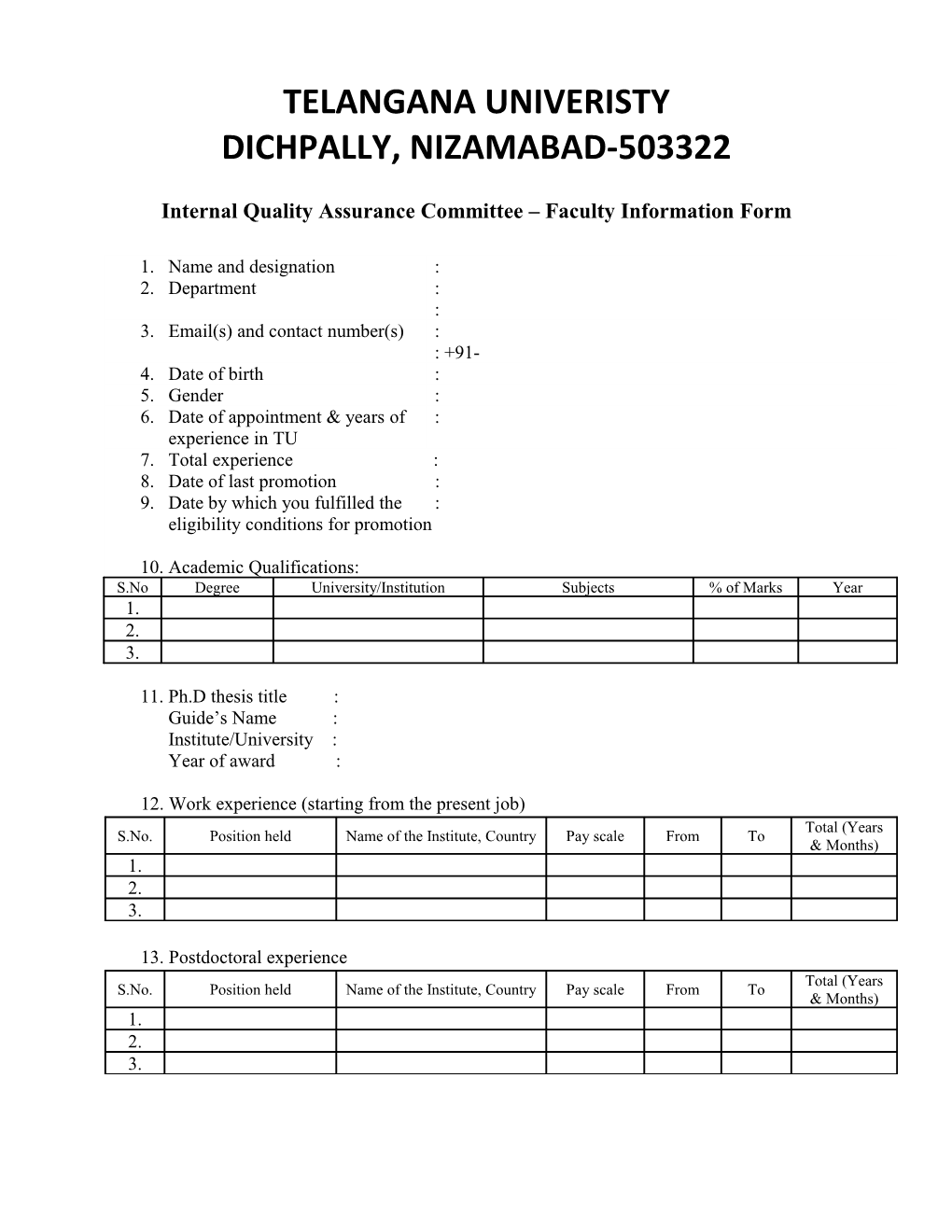 Internal Quality Assurance Committee Faculty Information Form