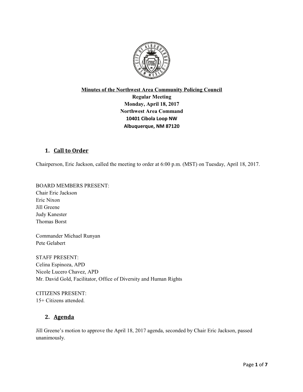 Minutes of the Northwest Area Community Policing Council