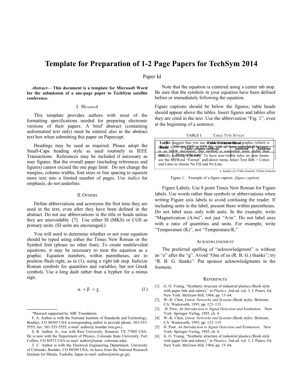 Template for Preparation of 1-2 Page Papers for Techsym 2014