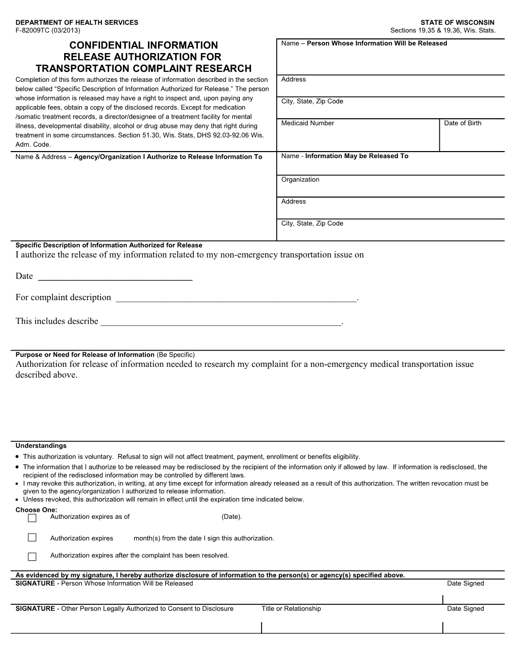 Confidential Information Release Authorization, F-82009
