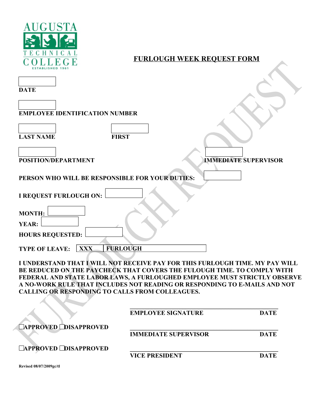 Furlough Week Request Form