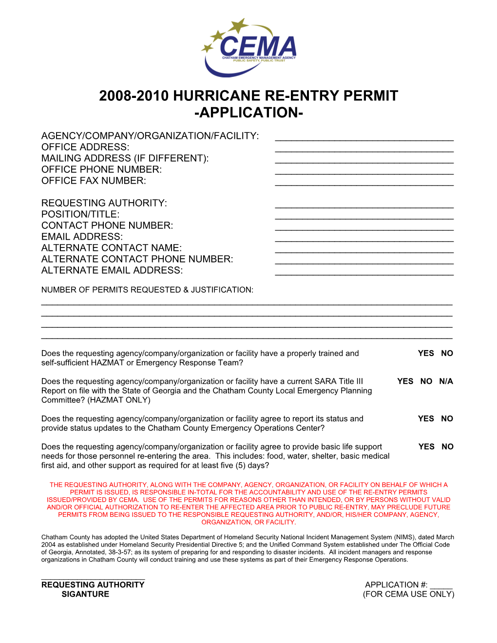 2008-2010 Hurricane Re-Entry Permit