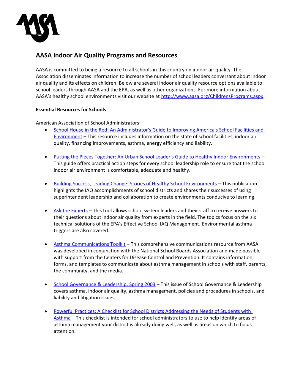 AASA Indoor Air Quality Programs and Resources