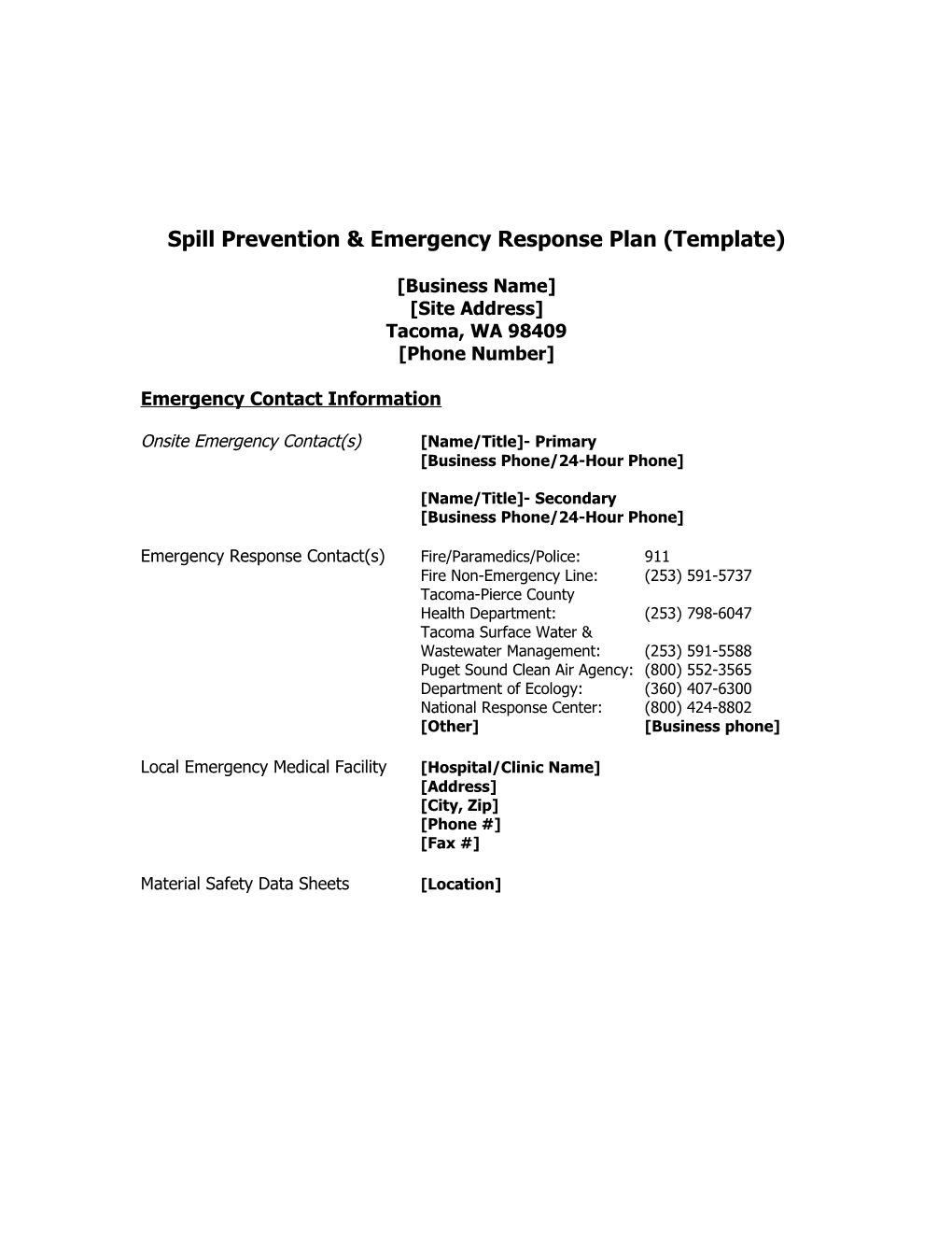 Spill Prevention & Emergency Response Plan